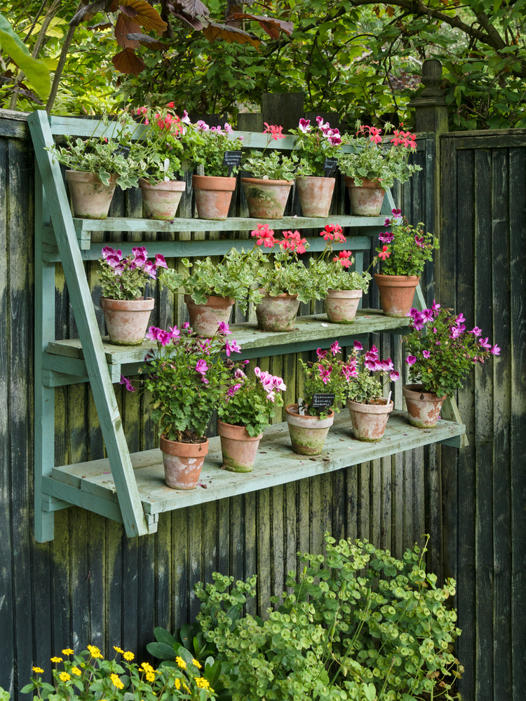 Hang shelves along your fence to add dimension, color and style to the fence surface. Here are some quick and easy ways to decorate your garden fence.  