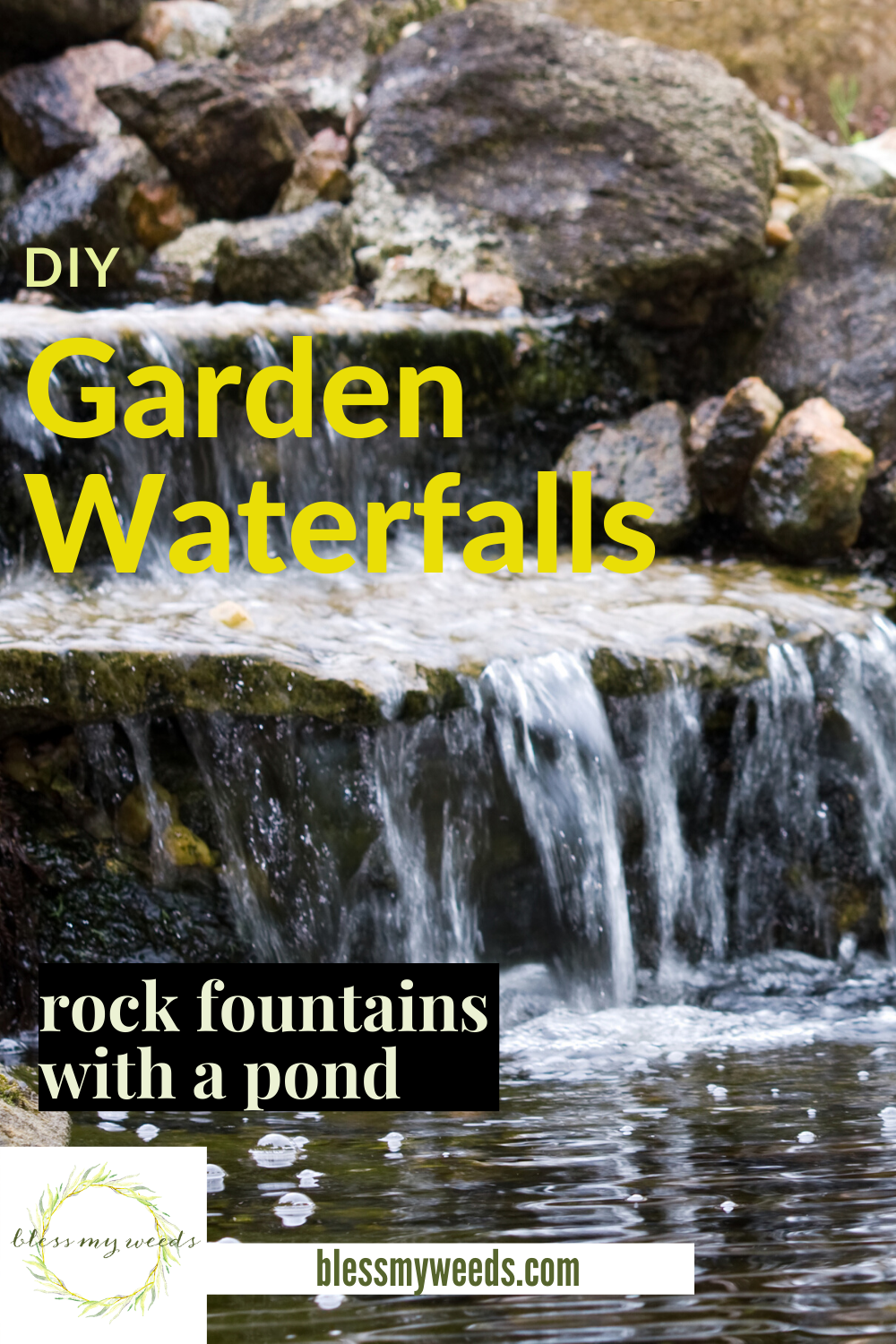 A garden waterfall always seems to be part of the landscape of luxury homes. But, you can have one, too. Even if your home is modest. Let Bless My Weeds help you with ideas, DIY projects, and ways you can save money. Imagine the soothing sounds of a waterfall in your yard. Read on to learn how you can have one this summer. #gardenwaterfall#backyardprojects #DIYgardenwaterfall